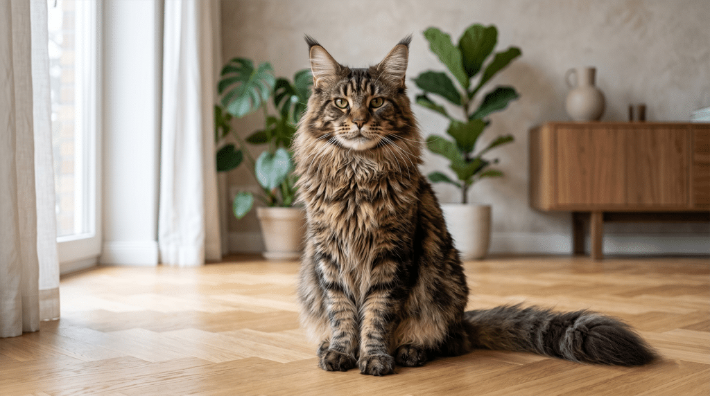 Maine Coon adulte male imposant assis de profil sur un parquet clair, collerette pleine, oreilles avec touffes lynx