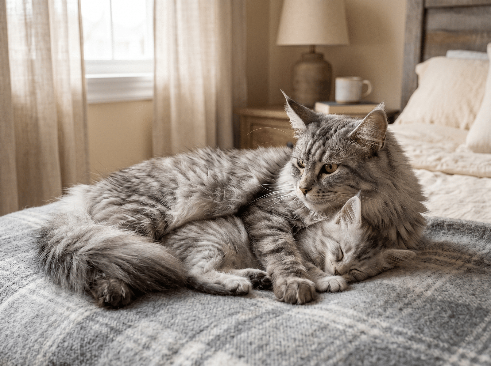 Femelle Maine Coon avec un chaton Maine Coon de 3 mois blottis ensemble sur un plaid