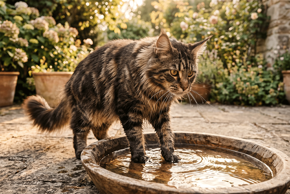 Maine Coon brun tabby debout dans une bassine en bois, pattes immergées, à l'aise dans l'eau