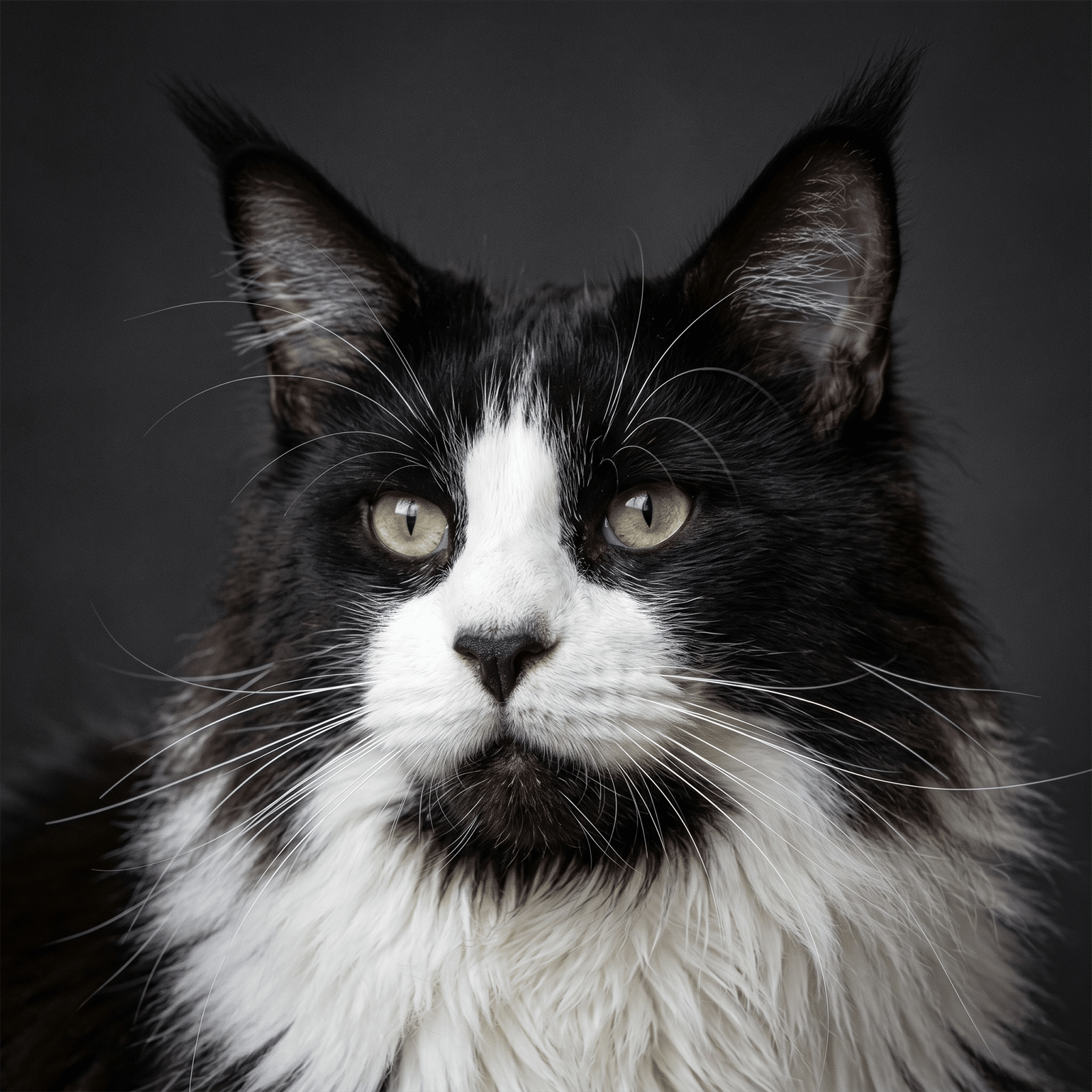 Gros plan tête de Maine Coon noir et blanc, oreilles avec longues touffes lynx, collerette imposante