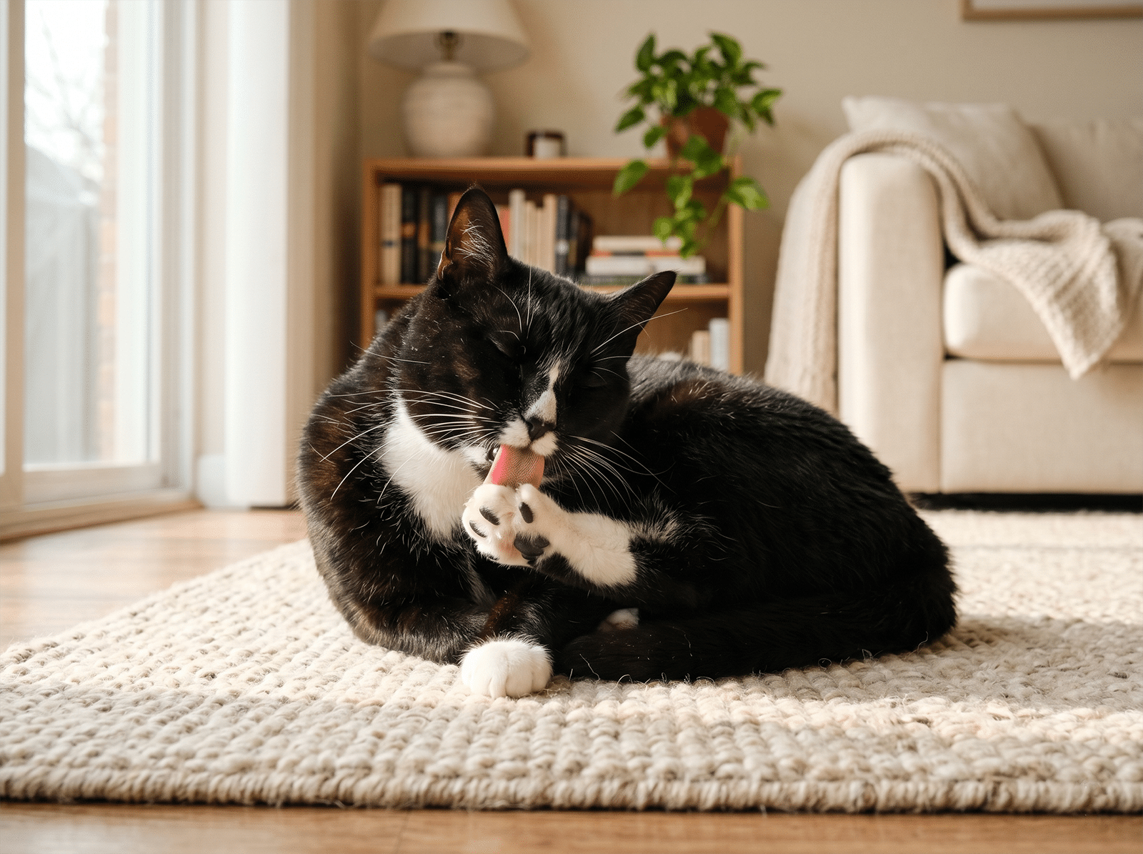 Chat noir et blanc en train de se toiletter sur un tapis clair