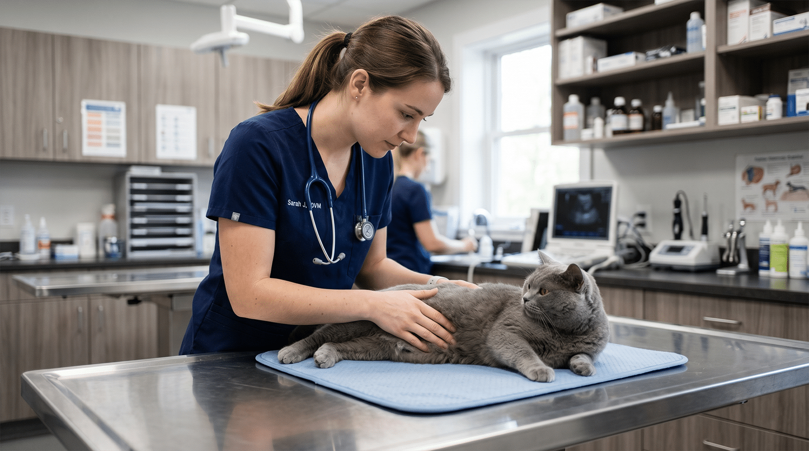 Vétérinaire palpant le ventre d'un chat gris sur une table d'examen
