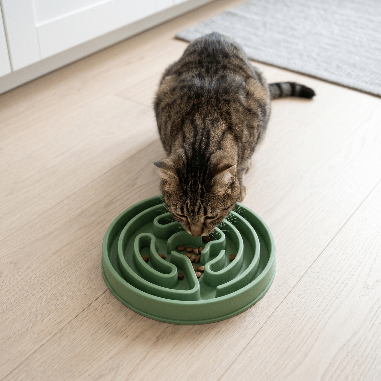 Chat tabby mangeant lentement dans une gamelle anti-glouton verte