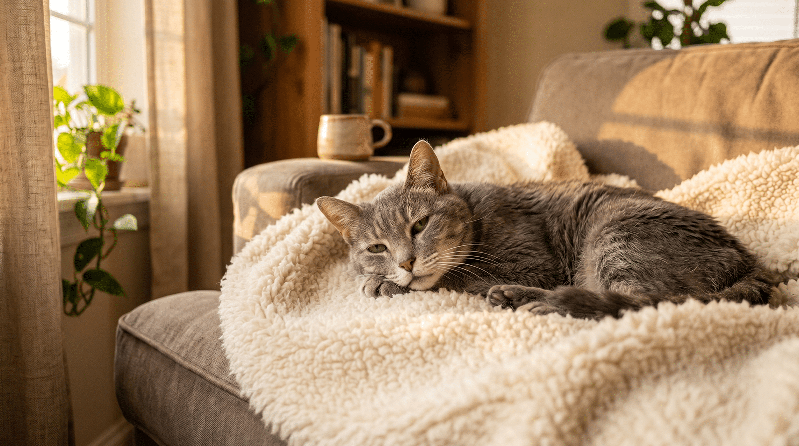 Chat senior gris allongé couvert d'une couverture douce, regard fatigué