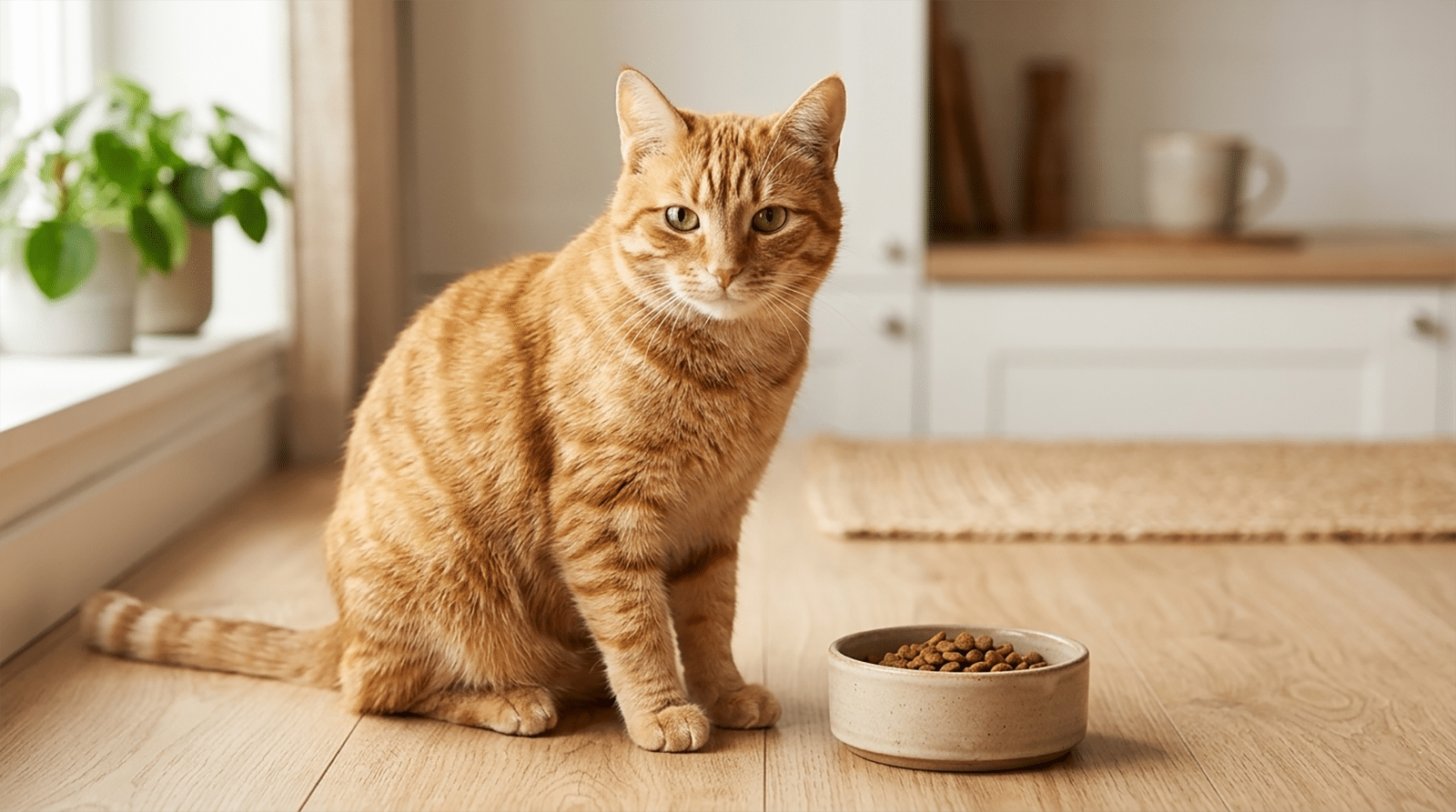 Chat tigré roux assis près de sa gamelle en céramique, regard interrogateur, lumière naturelle douce