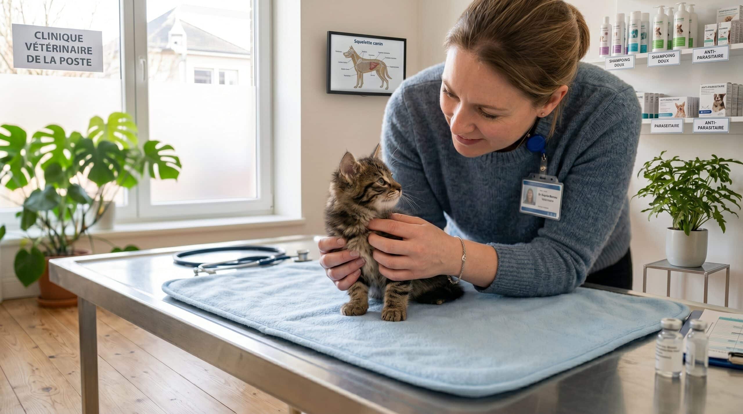 Vétérinaire examinant un petit chaton tigré sur la table d'une clinique vétérinaire